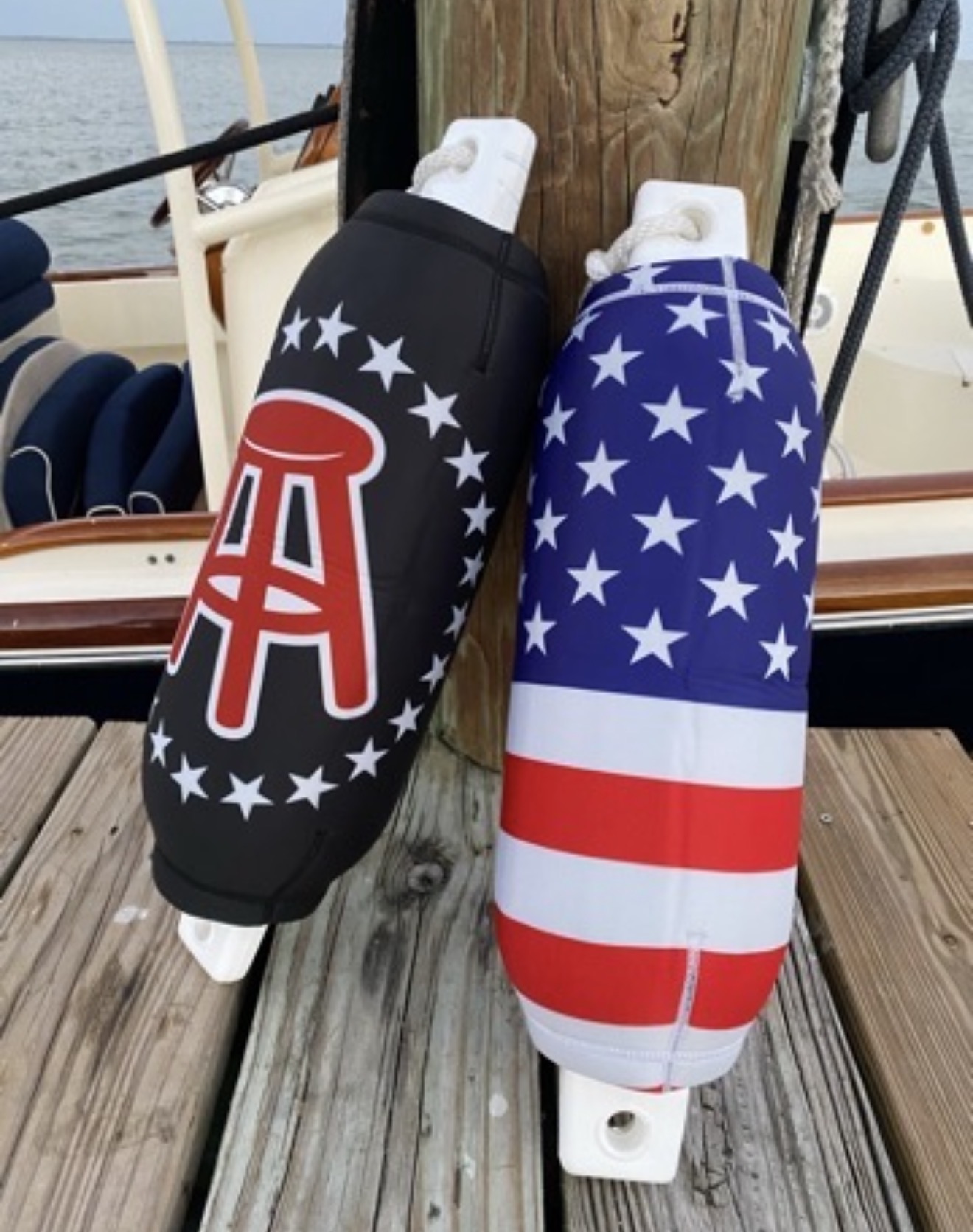 Barstool Sports and American flag custom boat fender covers on dock