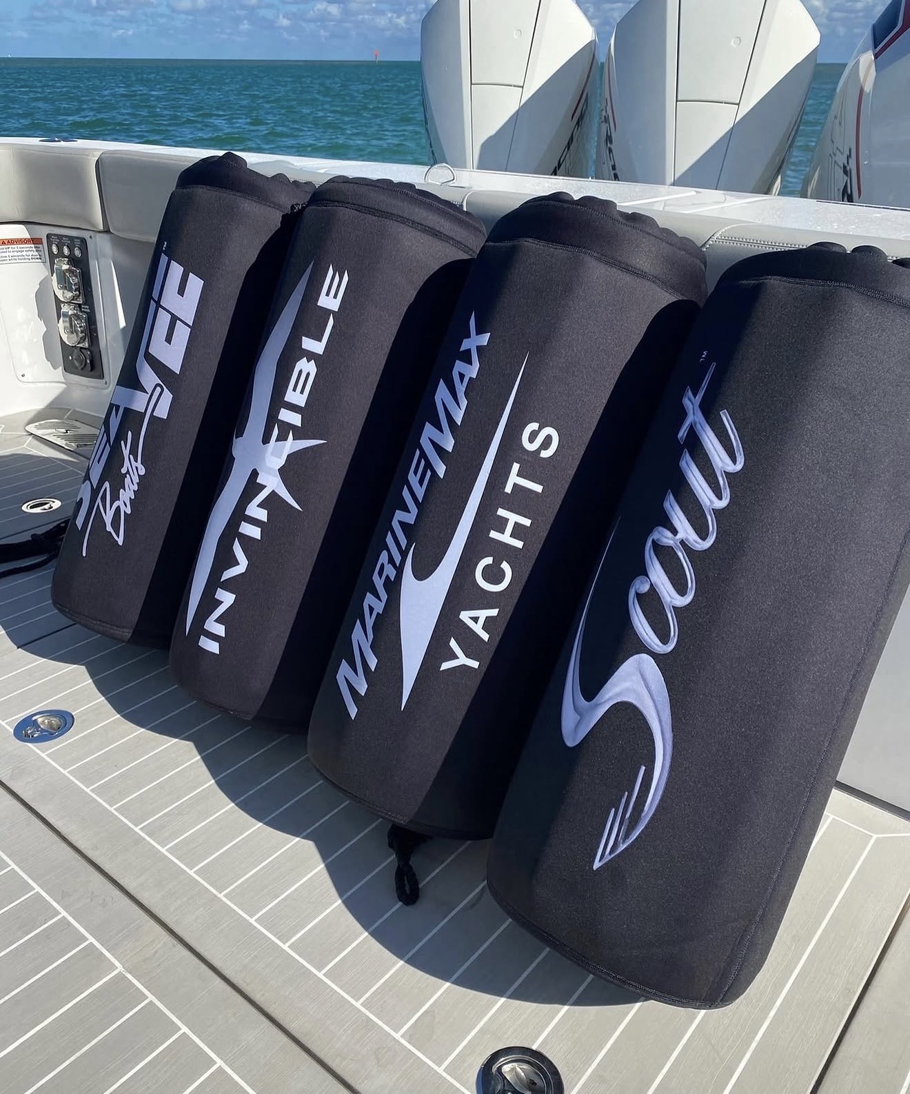 SeaVee, Invincible, MarineMax and Scout custom branded FenderSox on deck