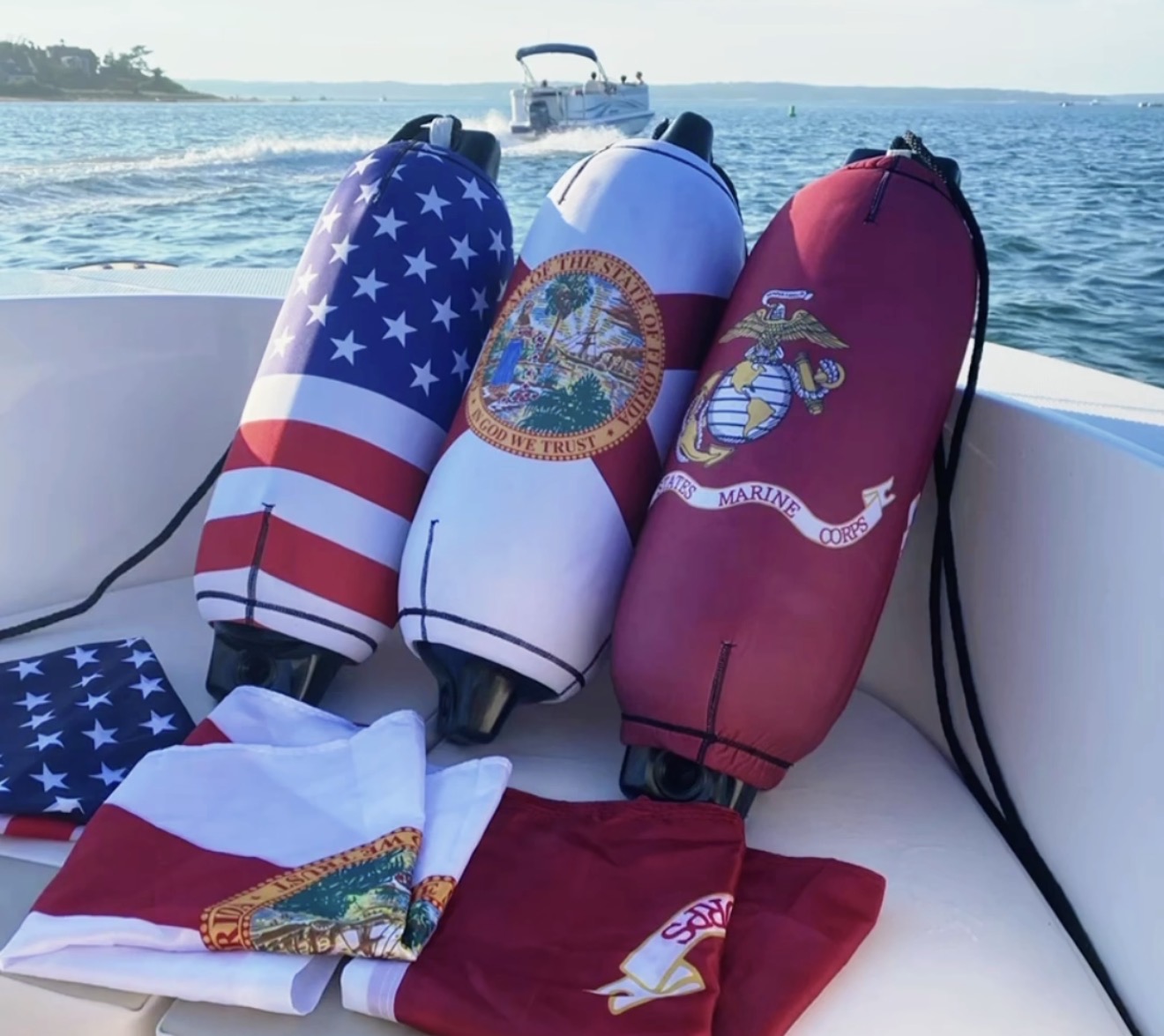 Flag series custom fender covers on water
